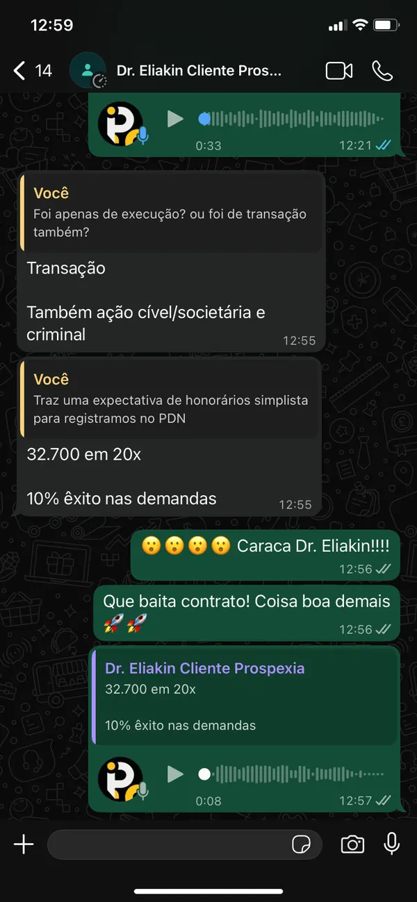 Conversa com o Dr. Eliakin sobre um contrato de transação tributária fechado em R$ 32.700 em 20 vezes mais 10 por cento de êxito