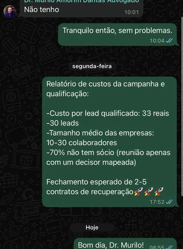 Relatório de custos da campanha do Dr. Murilo: custo por lead qualificado de R$ 33, 30 leads e reunião mapeada com o decisor