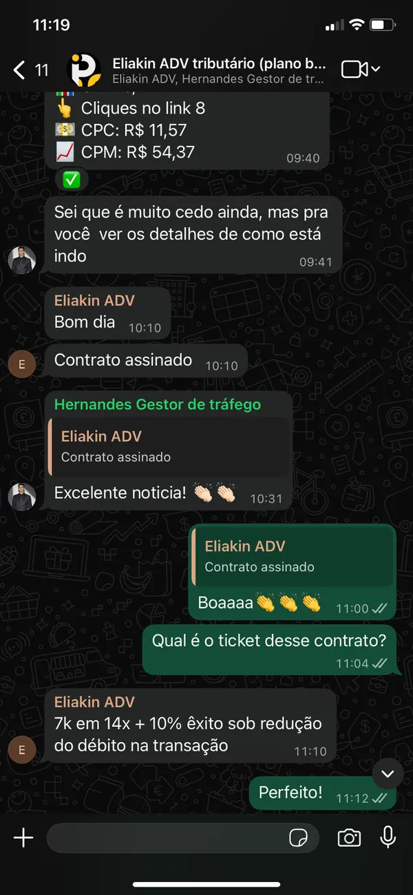 Cliente Eliakin ADV avisando que o contrato foi assinado, com ticket de 7 mil em 14 vezes mais 10 por cento de êxito